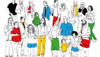 Grafik mit vielen unterschiedlichen Menschen, mehrere Farben symbolisieren eine bunte Gesellschaft