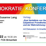 Bild mit Text: Demokratiekonferenz mit Prof.'in Dr.'in Susanne Lang am 28.04.2022