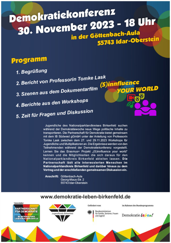 Plakat zur Demokratiekonferenz mit dem Programm und Beschreibung.
