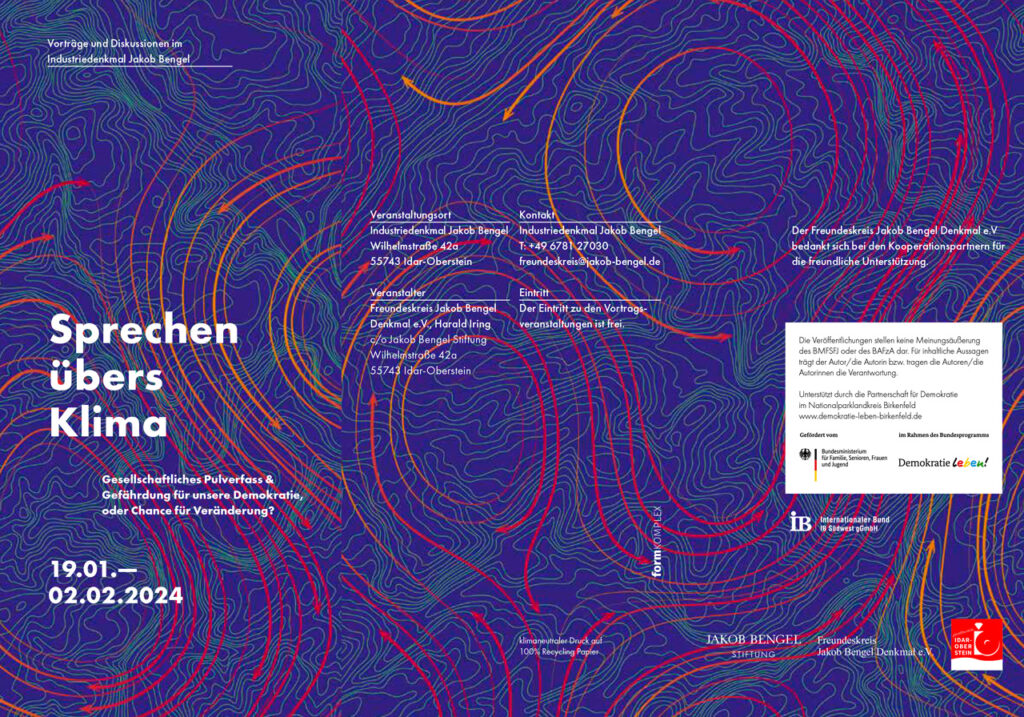 Flyer der Veranstaltungsreihe "Sprechen übers Klima" außen - mit Förderhinweisen und Veranstaltungsort